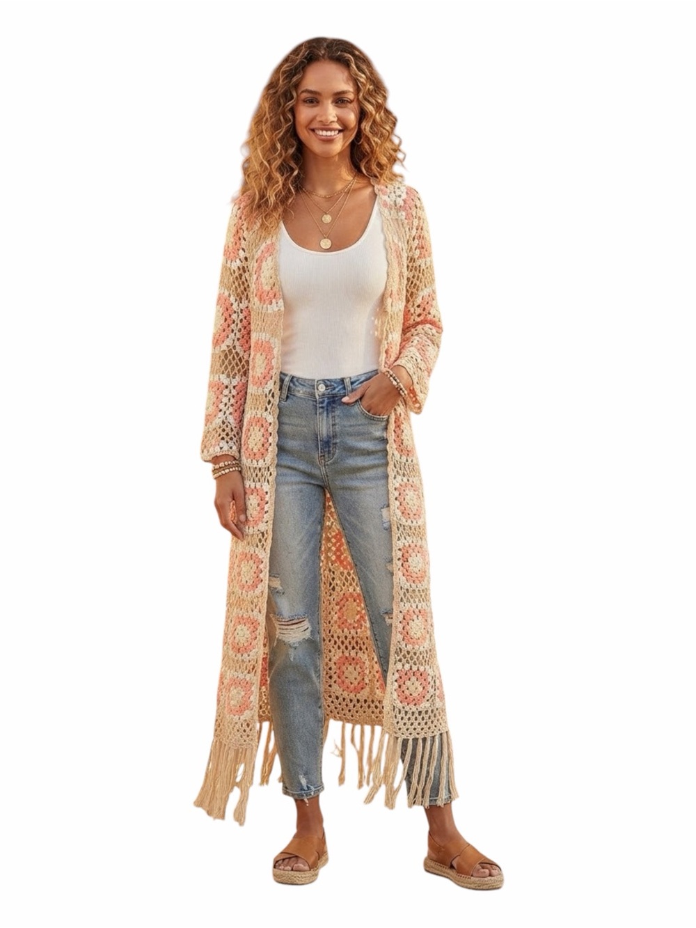 POL Granny Square Crochet Open-Front Duster Cardigan NWT Size Small